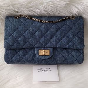 CHANEL Blue Quilted Denim Double Flap Shoulder Bag with Gold Chain